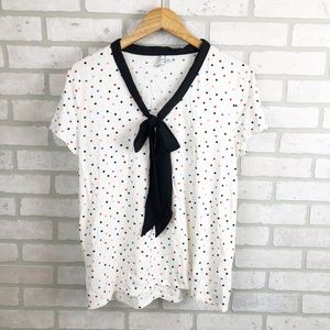 Elle Tie Neck Polka Dot T-Shirt Short Sleeve Top L